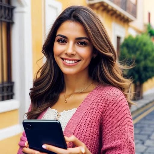 Mujer sonriente respondiendo una encuesta en su teléfono móvil en una calle de un pueblo tradicional