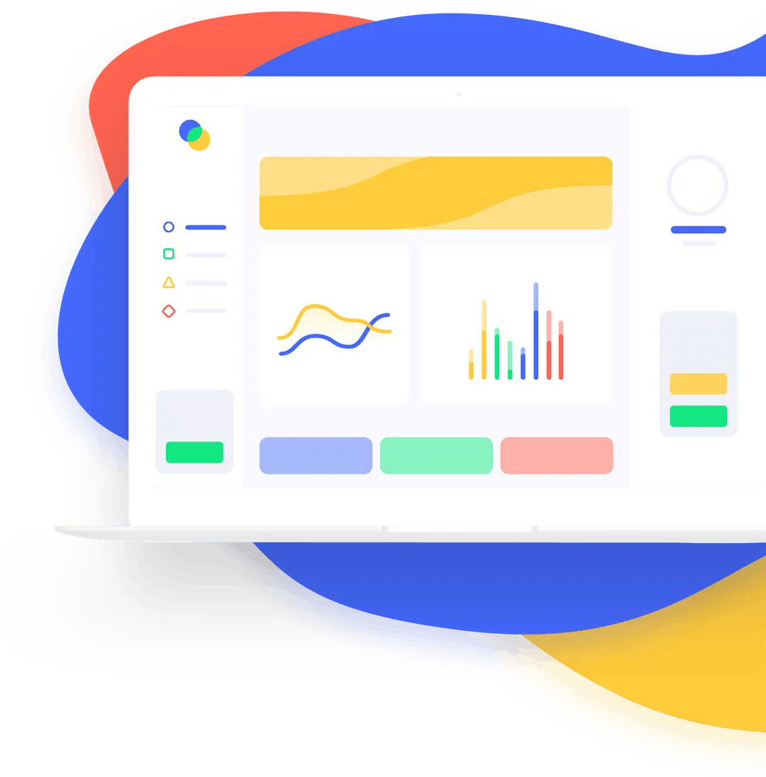 Laptop illustration showing a colorful ExpiWell dashboard with charts, framed by bold blue, red, and yellow shapes