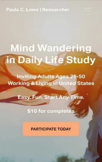 Recruitment flyer for the Mind Wandering in Daily Life Study over a sunlit photo of a woman with windswept hair
