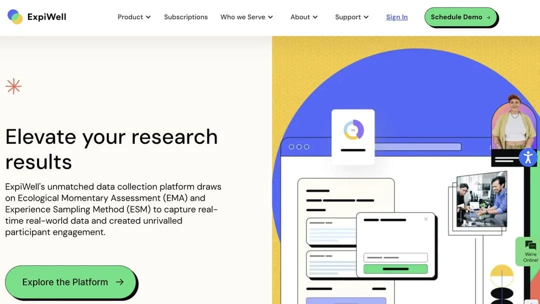 ExpiWell website homepage with the headline Elevate your research results and colorful survey platform illustrations