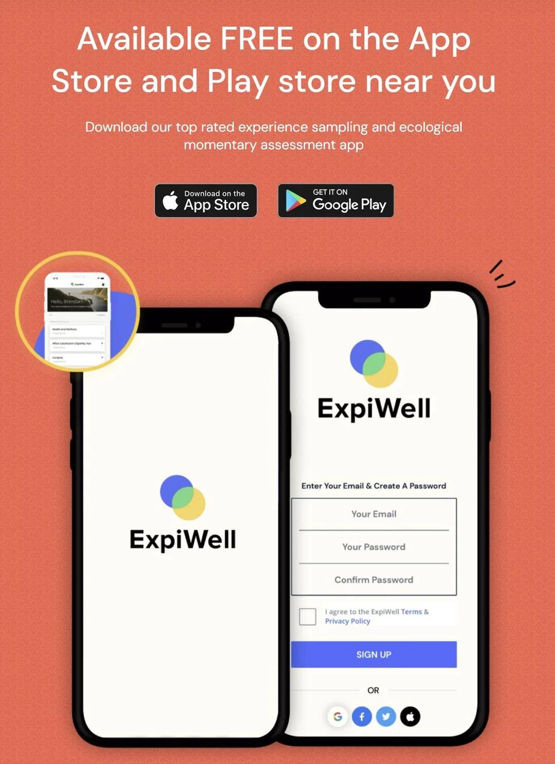 Two phones showing the ExpiWell mobile app logo and sign-up screen, with App Store and Google Play download badges