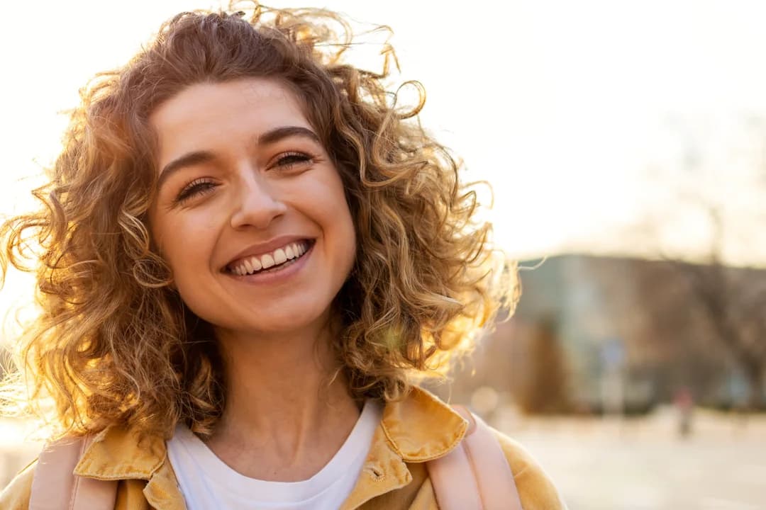 Smiling woman with curly hair outdoors in golden sunlight, radiating well-being